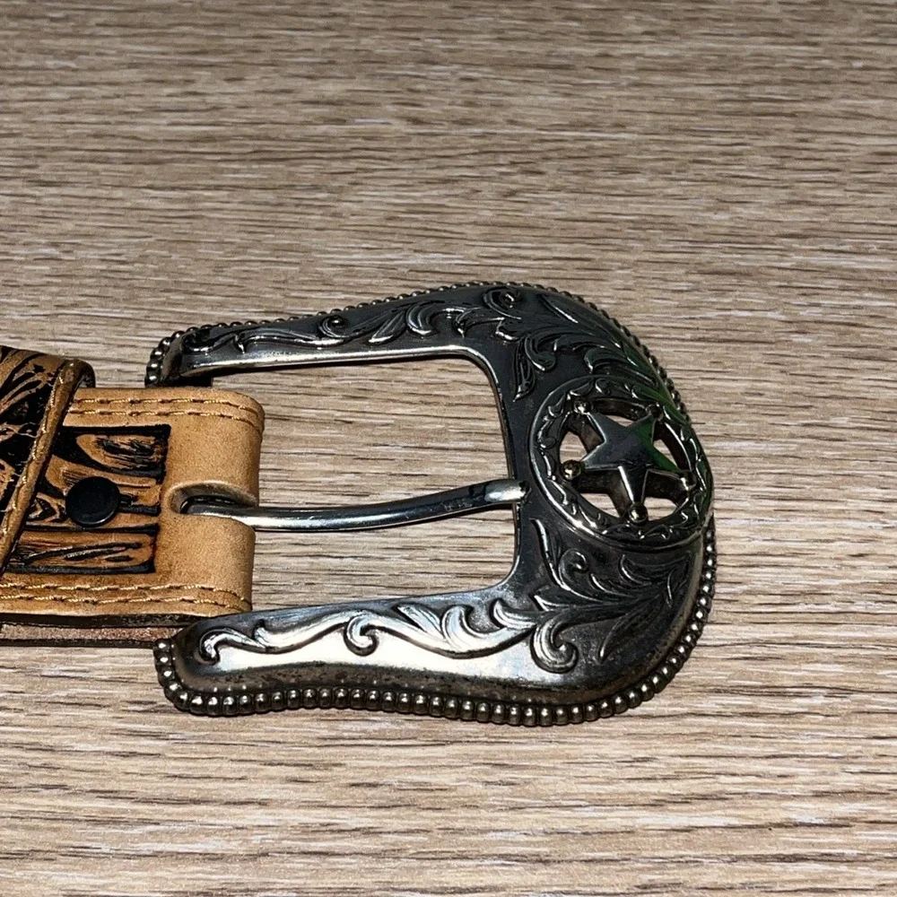 Justin Belt Flag Eagle Buckle Brown Men Leather Tooled Size 38 Western Stars